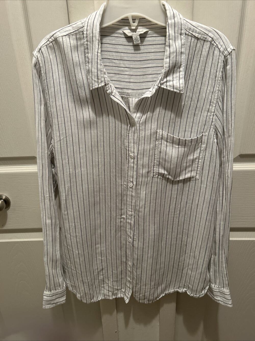 Lucky Brand Womens L White Striped Long Sleeve Top Shirt Blouse